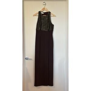 VTG Black Tie Oleg Cassini Brown Beaded Gown Maxi Dress Front Slit Back Zipper